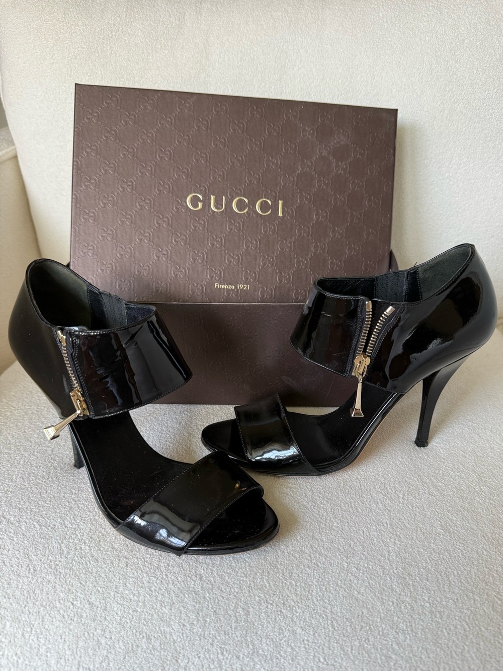 Gucci Black Patent Leather Zip-Ankle Open-Toe Heels
